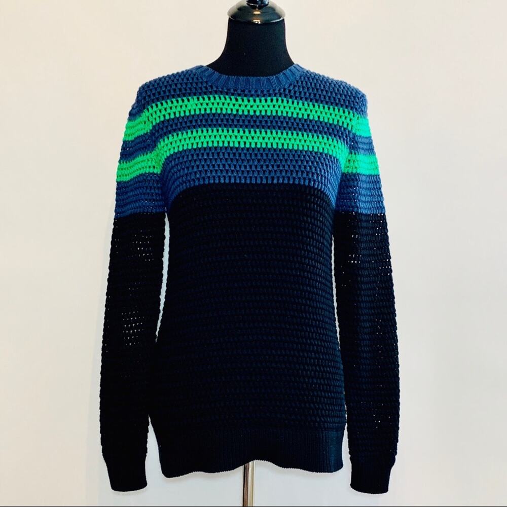 Jason Wu black blue and green striped open chunky knit sweater size Small